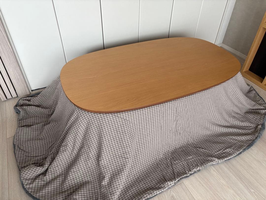 木製 楕円形 こたつ チェック柄布団付き こたつ布団2点セット フラン 楕円形 こたつ掛布団 こたつ敷布団 節電