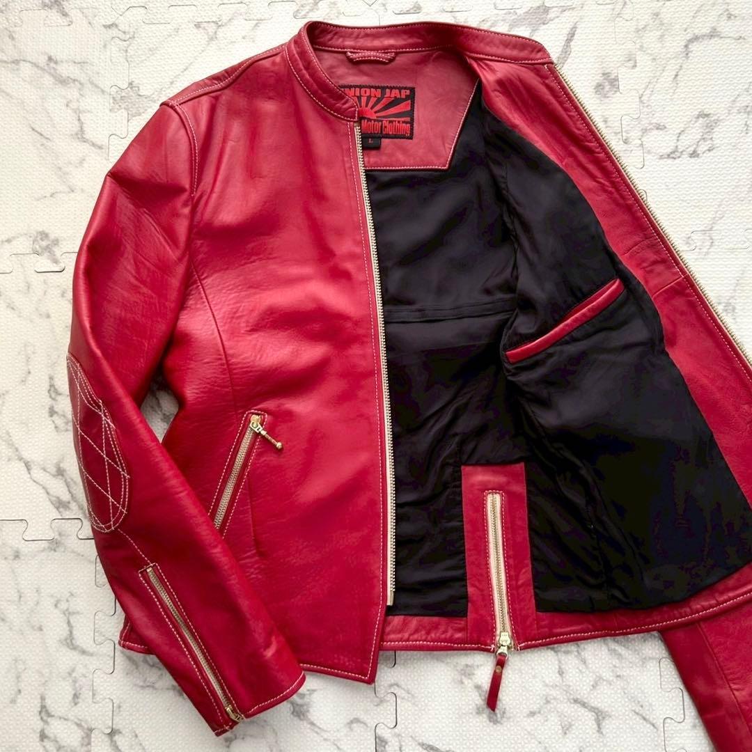 極美品✨UNION JAP シングルライダースジャケット ラムレザー 赤 L