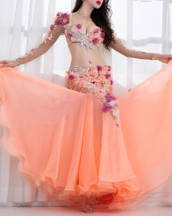 セールベリーダンス衣装 ブラスカートセット オレンジ系 花 オーダーメイド ベリーダンスオリエンタル衣装 ミラーフリンジデザインブラ＆スカート