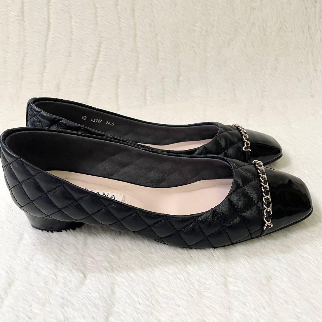 美品《DIANA ダイアナ》キルティングパンプス ローヒール エナメル ゴールド