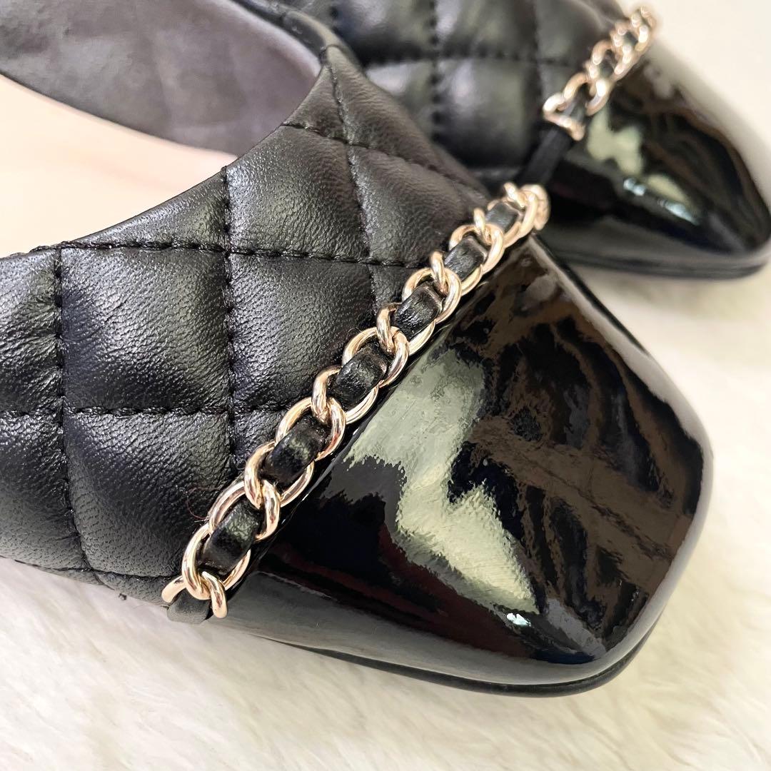 美品《DIANA ダイアナ》キルティングパンプス ローヒール エナメル ゴールド