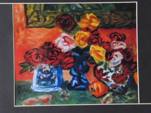 梅原 龍三郎、薔薇、高級希少画集画、版上サイン入 新品額付