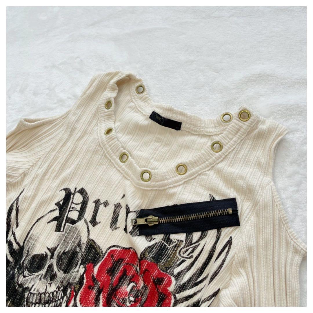 y2k 平成ギャル スカル ドクロ ハート 薔薇 肩出し 長袖 トップス