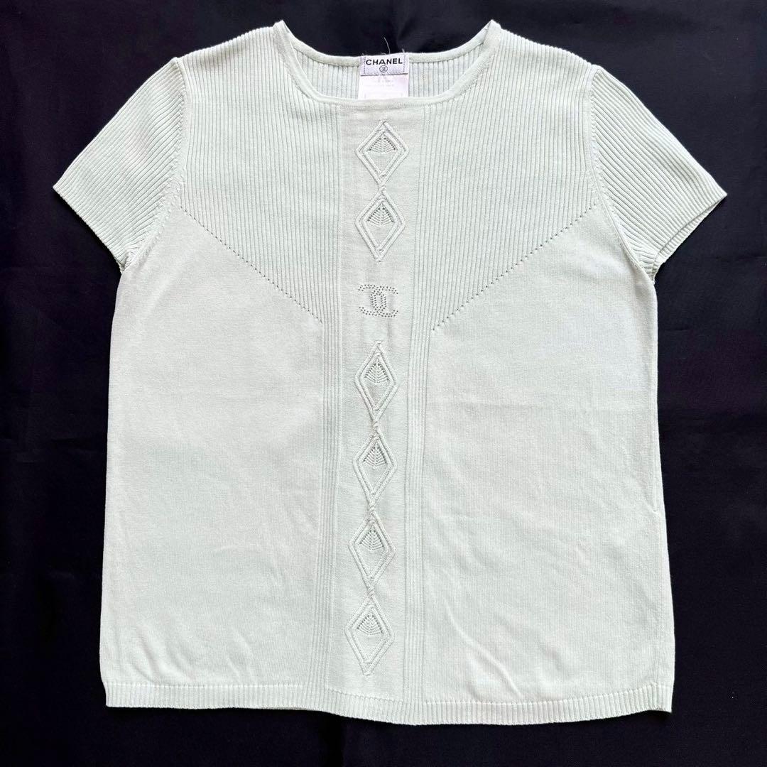 CHANEL ココマーク透かし編み サマーニット リブ グリーン 38