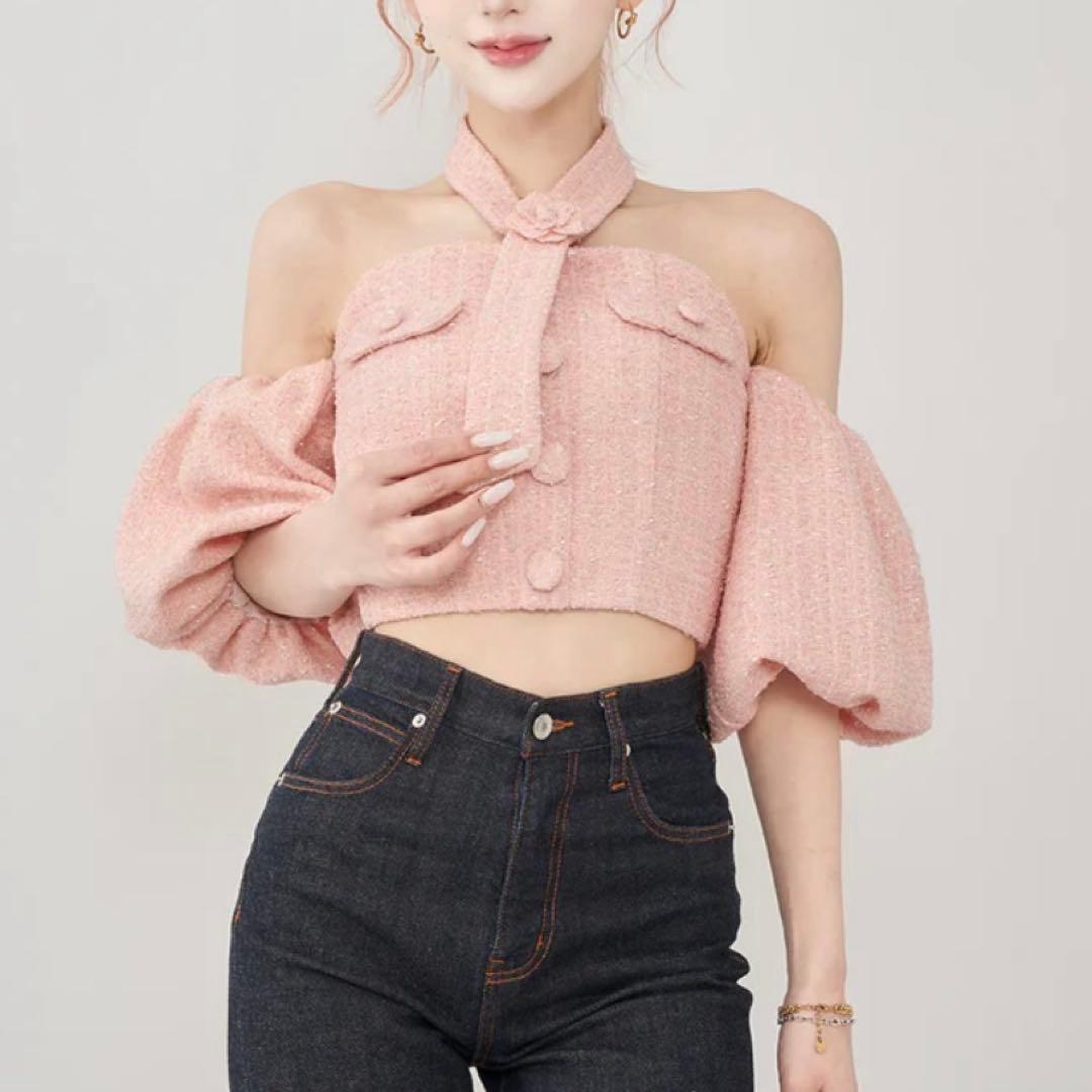 ダーリッチ Darich ホルターネックオフショルツイードトップス PNK