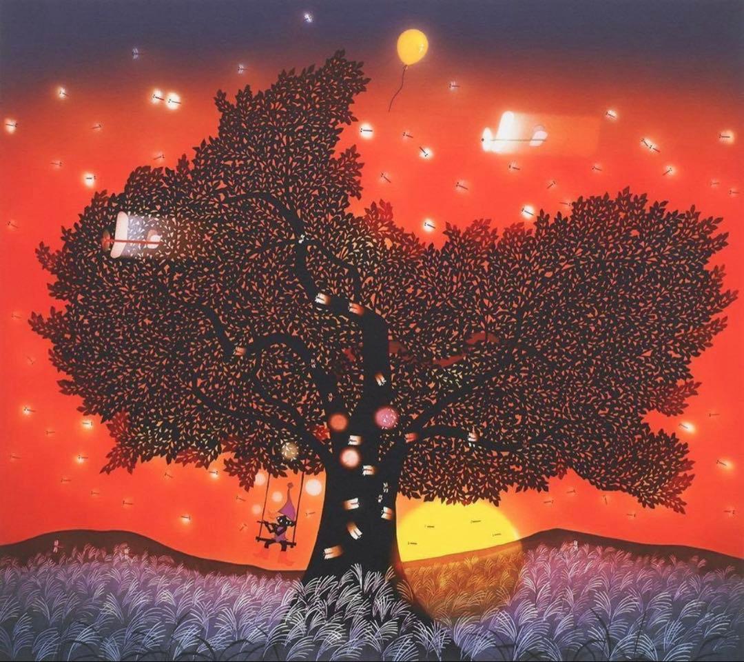 真作】藤城清治「夕日の樹」リトグラフ 約6号 証明書付 証明シール