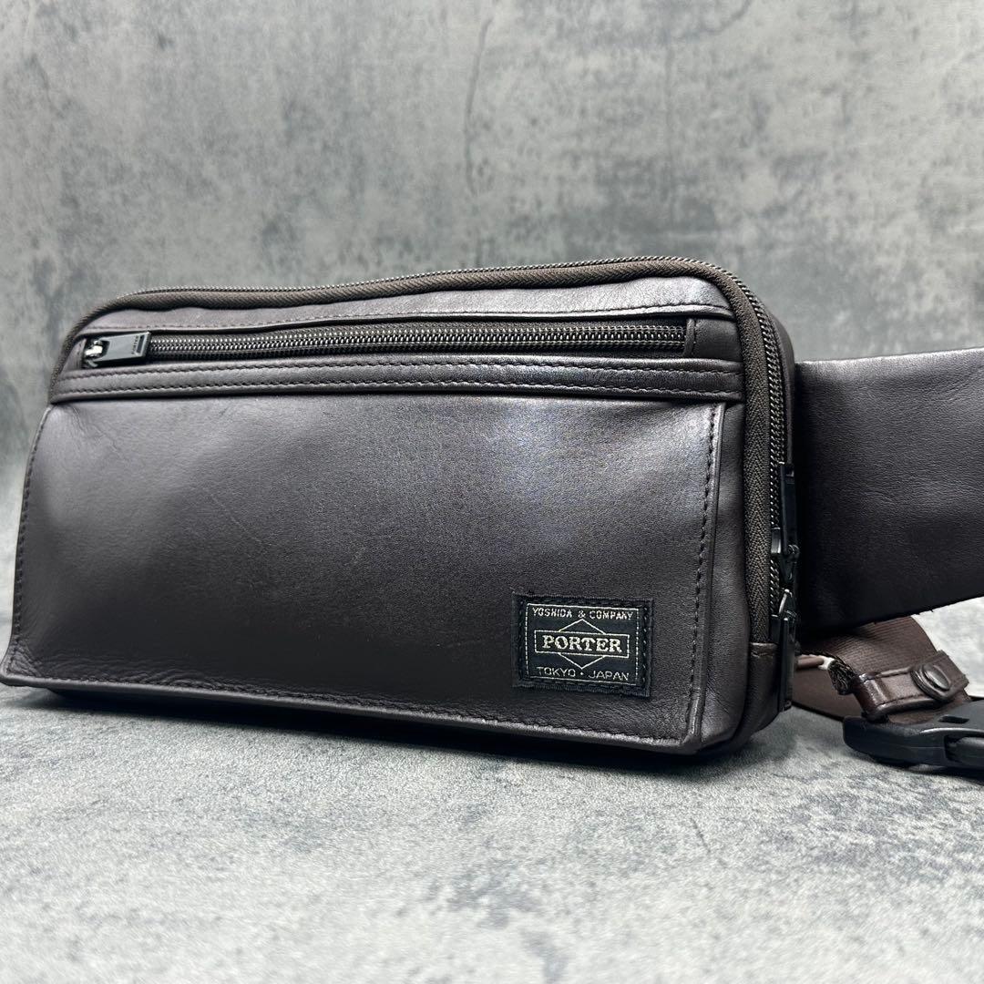 極美品 ポーター ボディバッグ レザー 肩掛け メンズ ウエストポーチ 茶色