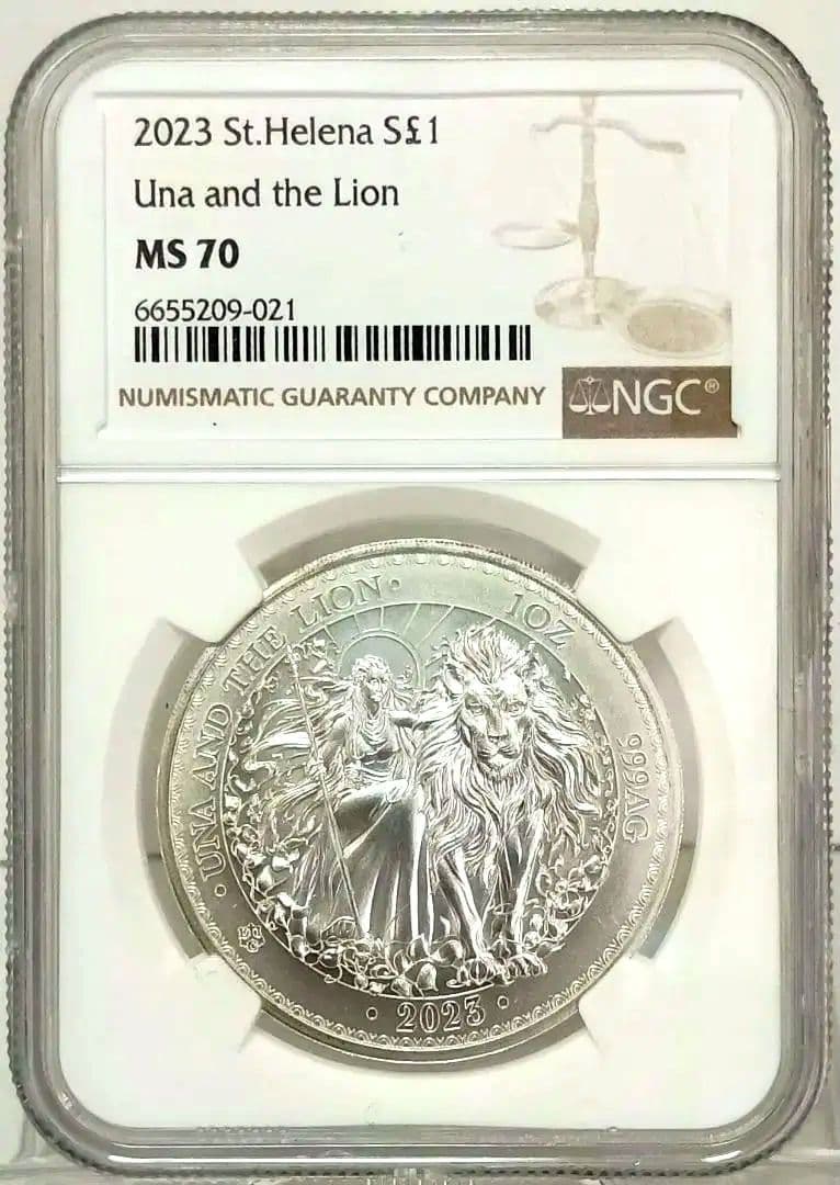 2023 セントヘレナ ウナとライオン 1ポンド銀貨 NGC MS70 NGC鑑定PF70】2023年Gilt版 ウナとライオン イギリス領セントヘレナ
