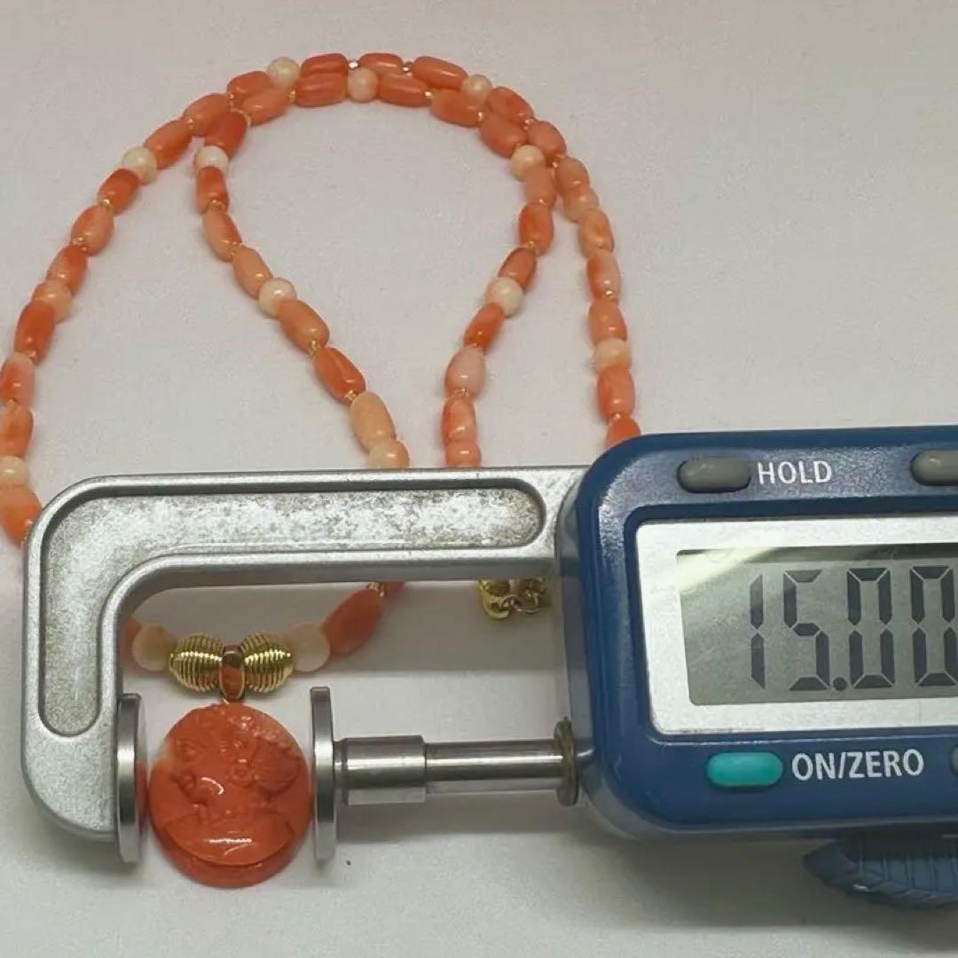 天然珊瑚ビーズネックレス　天然珊瑚彫刻美人ペンダント