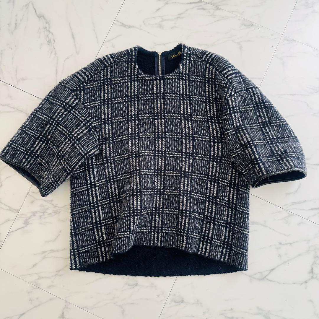 drawer 12G グレンチェック ニット レザートリム チェック ネイビー