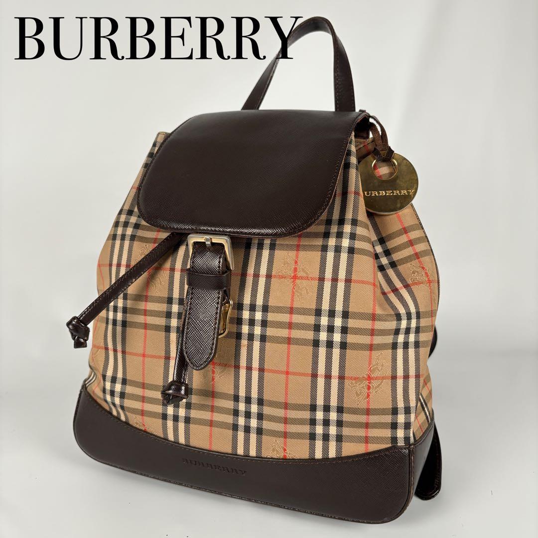 良品　バーバリー リュック 巾着 フラップ ノバチェック シャドーホース