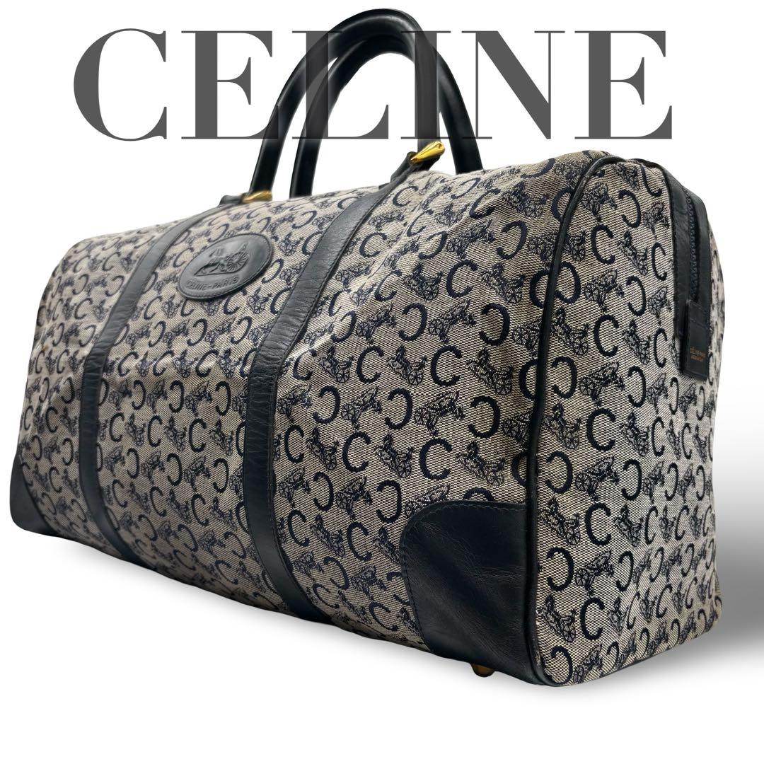 【良品】セリーヌ　ボストンバッグ　マカダム柄　レザー　キャンバス　トラベル　黒