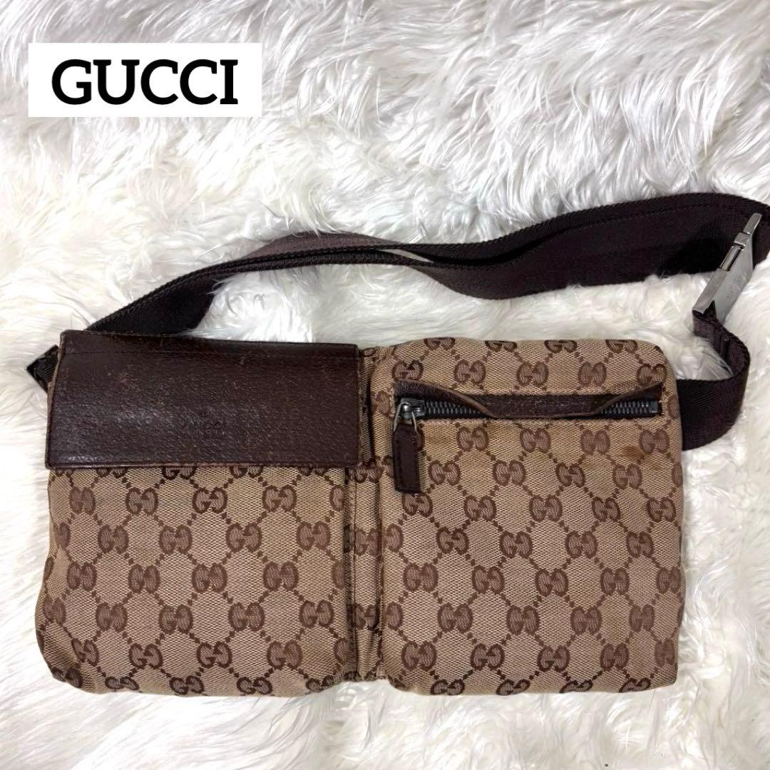 良品✨グッチ GGパターン ボディバッグ キャンバス レザー ブラウン
