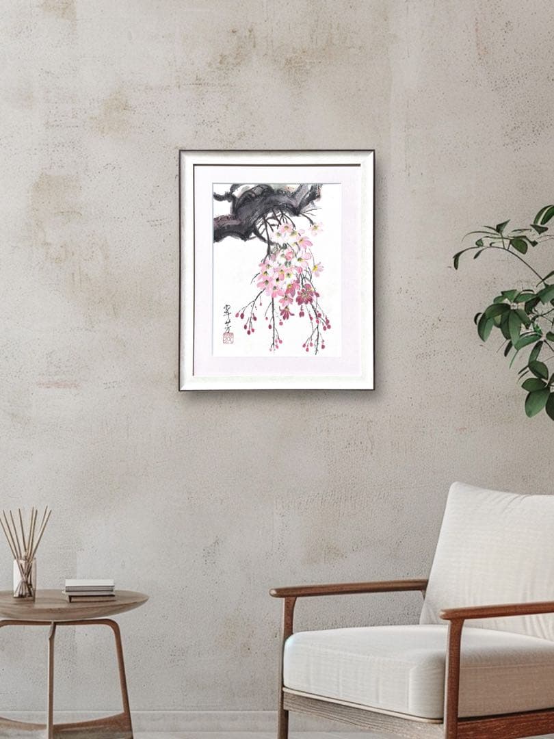 【古口翠芳/Suihou Koguchi】墨彩画　枝垂れ桜　木製額縁付き