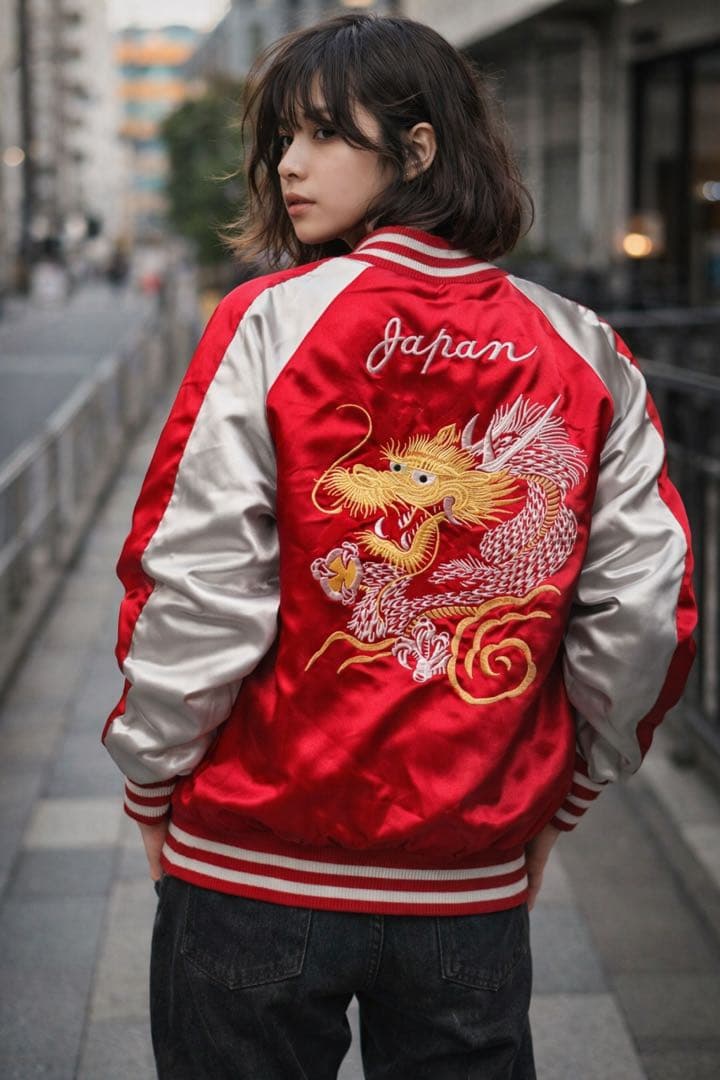 美品 スカジャン 龍刺繍 JAPAN 赤 サテン キッズ150 Y2K 和柄 - メルカリ