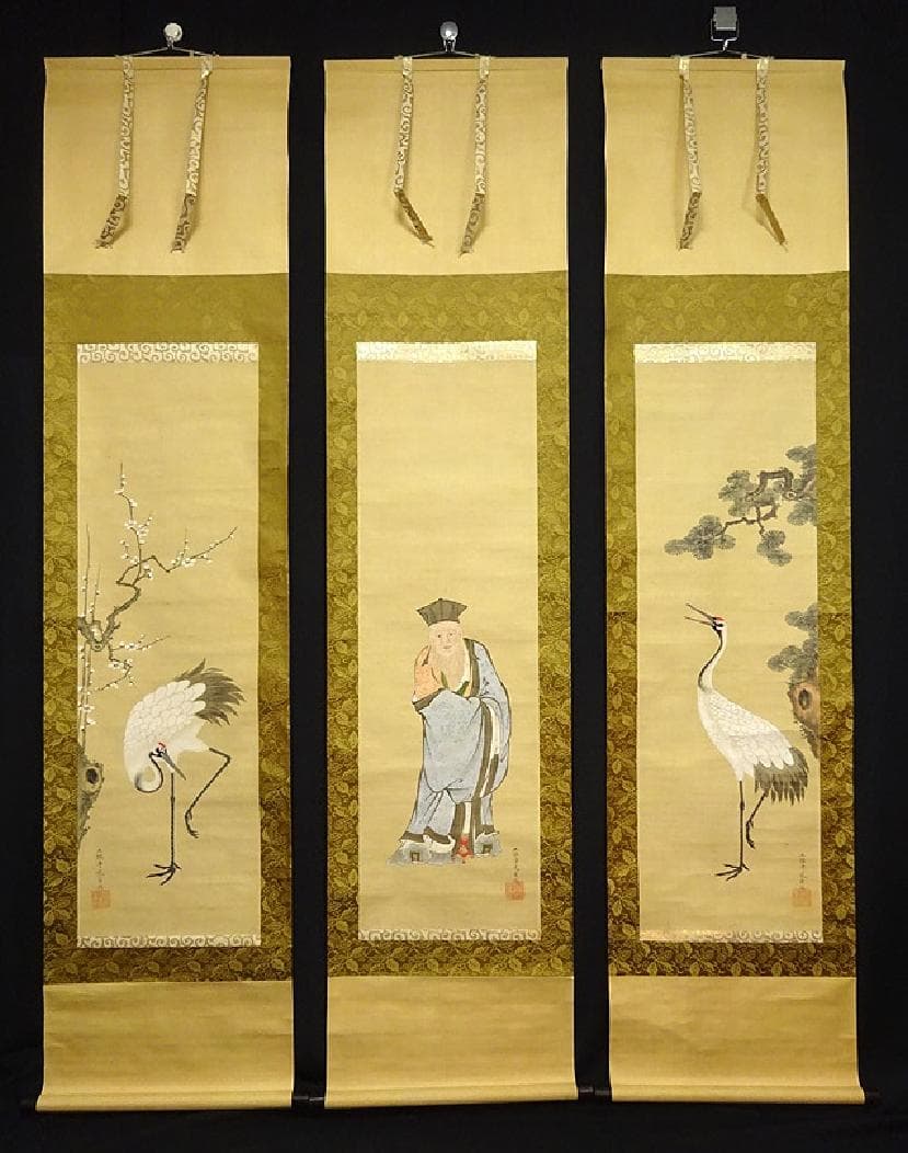 【真作】掛軸 土佐光貞『祝儀三幅対 鶴 福禄寿』絹本 箱付 掛け軸 a01141