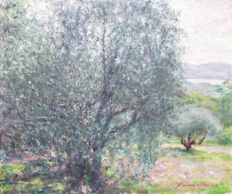 井上　司「オリーブの木と海 」油彩　F8