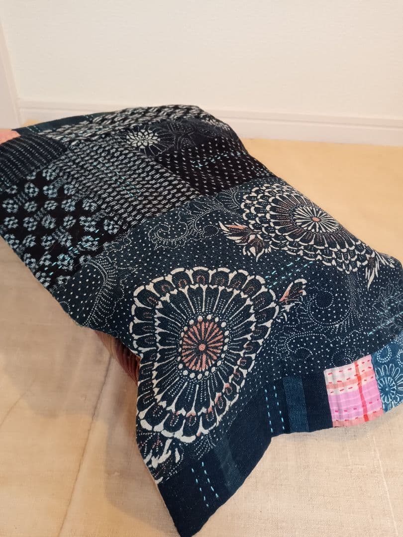 藍染め木綿古布フリーカバー 型染め 絣 格子 紅花木綿 柿渋染め木綿