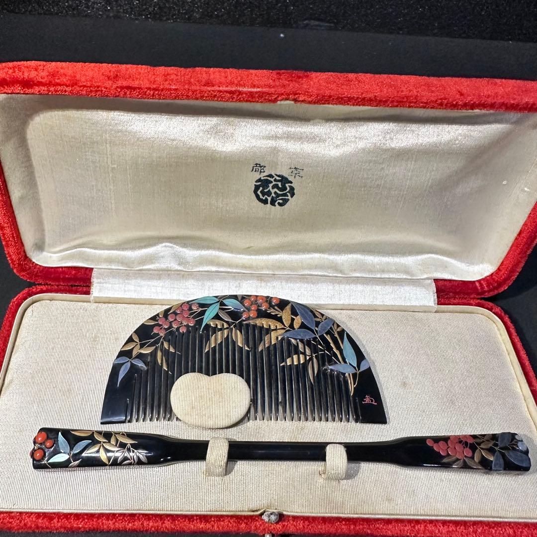 大正アンティーク　鼈甲　櫛笄　黒漆螺鈿細工　金細工髪飾り