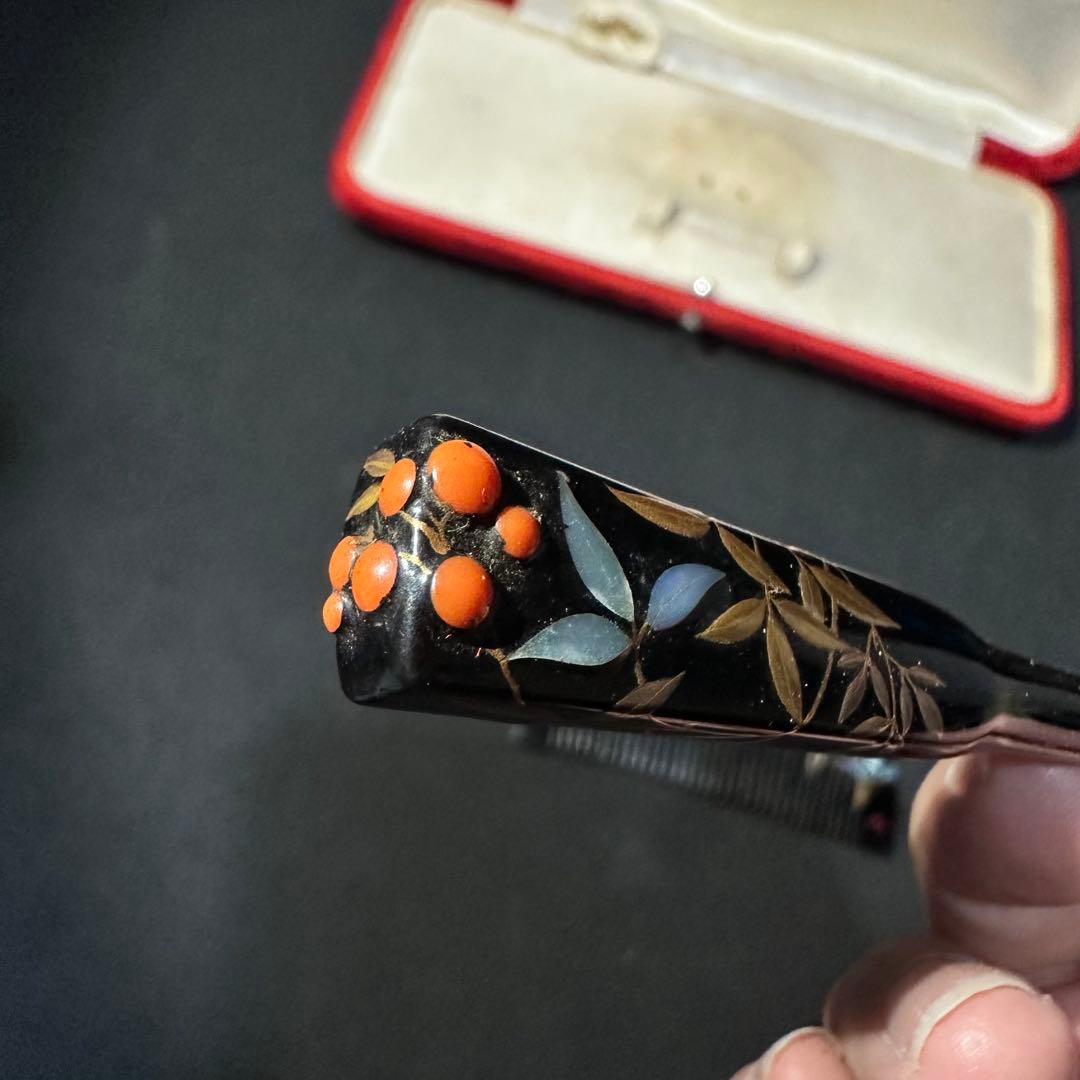 大正アンティーク 鼈甲 櫛笄 黒漆螺鈿細工 金細工髪飾り