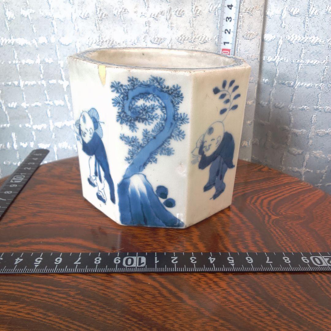 骨董５青い絵柄の八角形陶器鉢