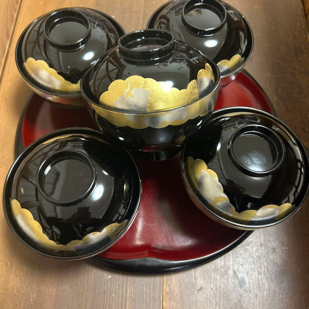 山中漆器　金箔　銀箔　蒔絵　吸物椀　5客　酢谷　伝統工芸　天然木