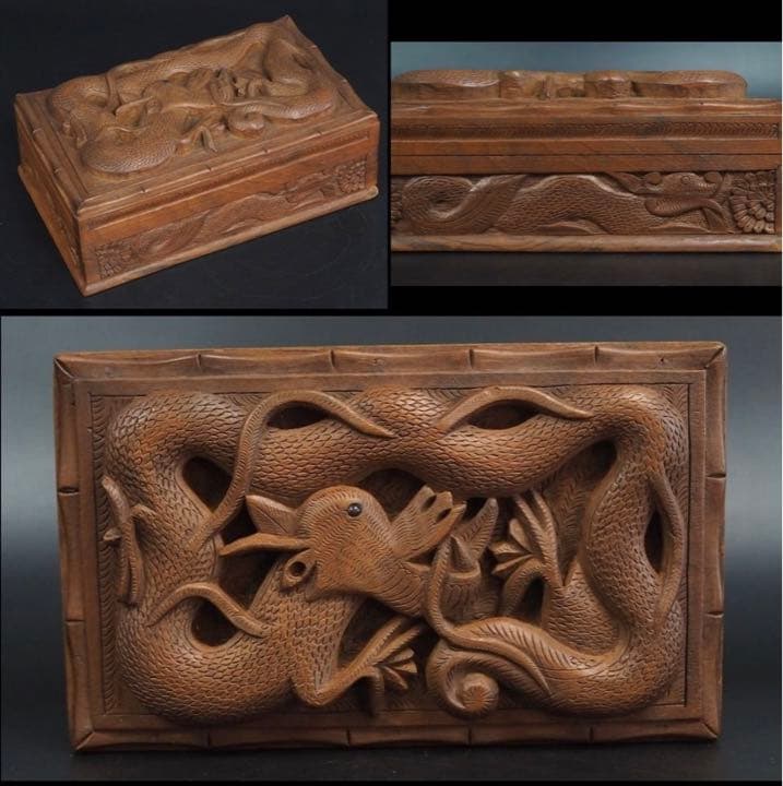 送料無料　時代物　龍彫刻からくり宝石箱　珍品木箱 螺鈿細工 宝石箱 小物入れ 赤に螺鈿の上品な輝き 蝶の 韓国伝統工芸