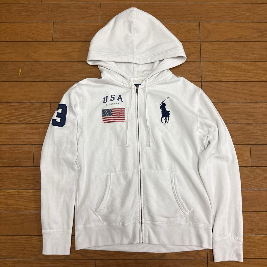 Polo Ralph Lauren ホワイト フルジップパーカー ビッグポニー Polo Ralph Lauren Boys White Big Pony Logo Terry Lined Full Zip
