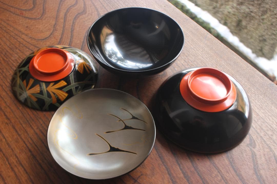 デッドストック！極上ススキ文に優美な内銀雁蒔絵の大椀2点（検輪島塗蒔絵椀雑煮椀 輪島塗 黒塗 菊詰沈金花蒔絵 蓋付椀 2客 / 懐石椀・蒔絵椀・雑煮椀