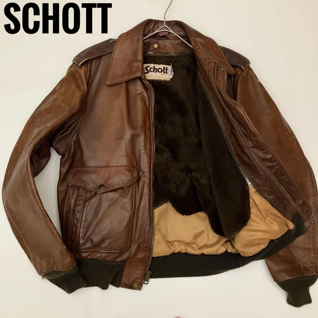 ✨ヴィテージ✨schott レザージャケット　G1 ボアライナー　ブラウン Schott A-2 G-1 フライト ボア レザー ライナー ブラウン 38 ムートン