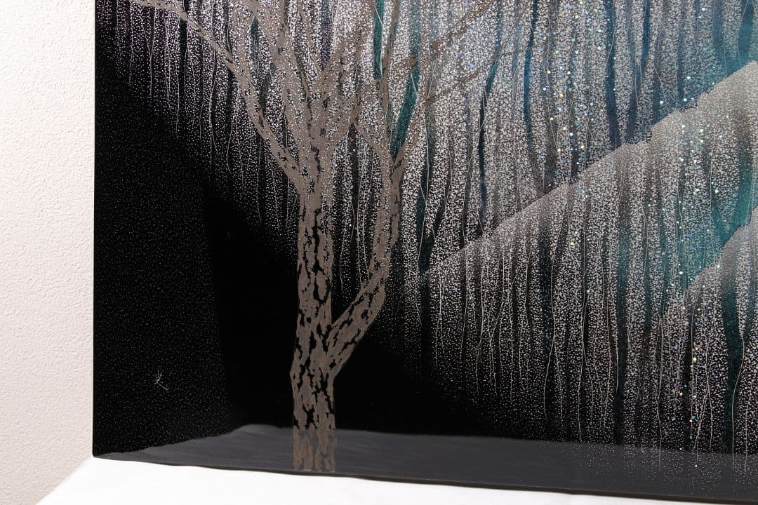 真作】漆芸画 新木光「月夜の詩」輪島市美術展出品 額装 12号 沈金銀