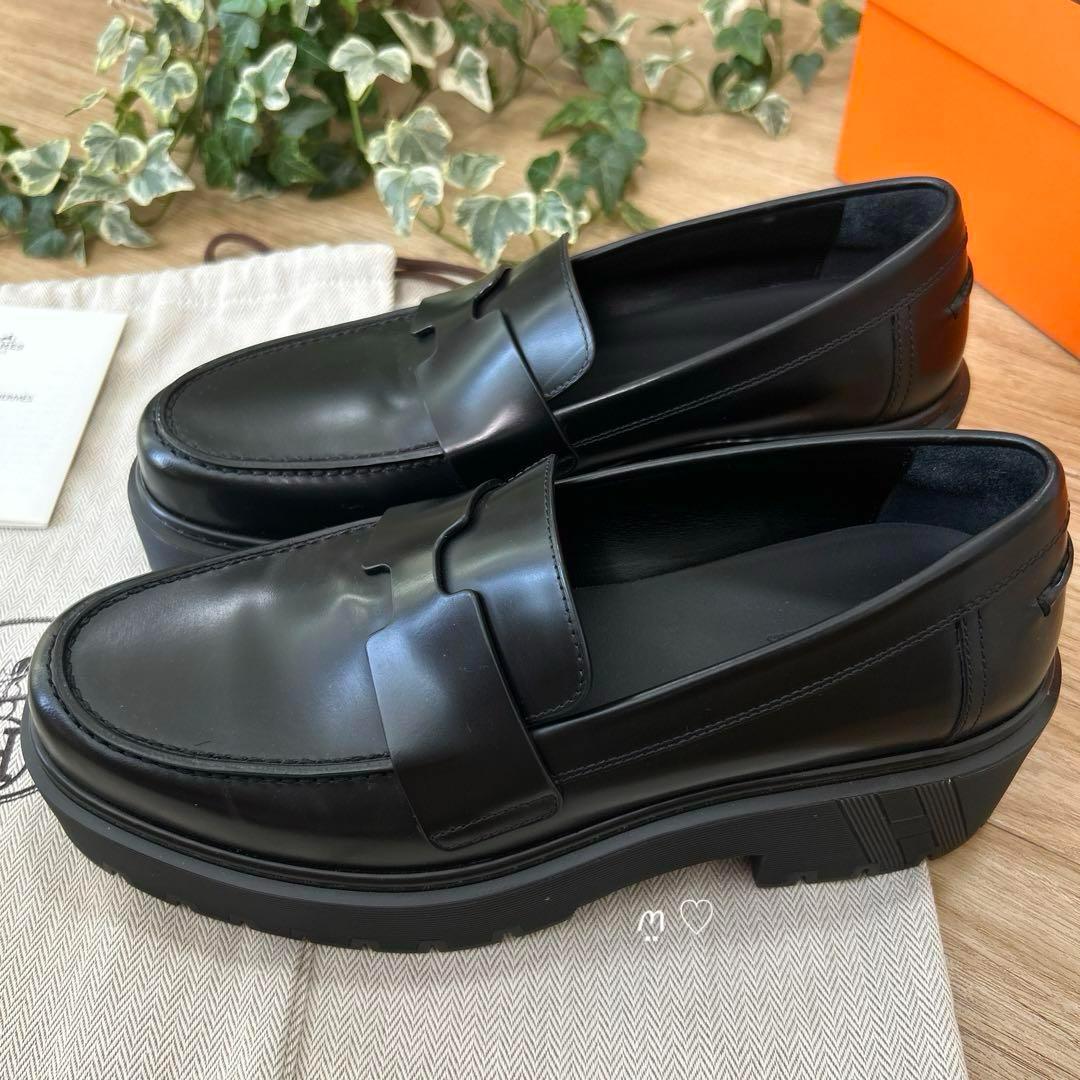 HERMES エルメス ヒッチ ローファー モカシン 37 23.5cmブラック