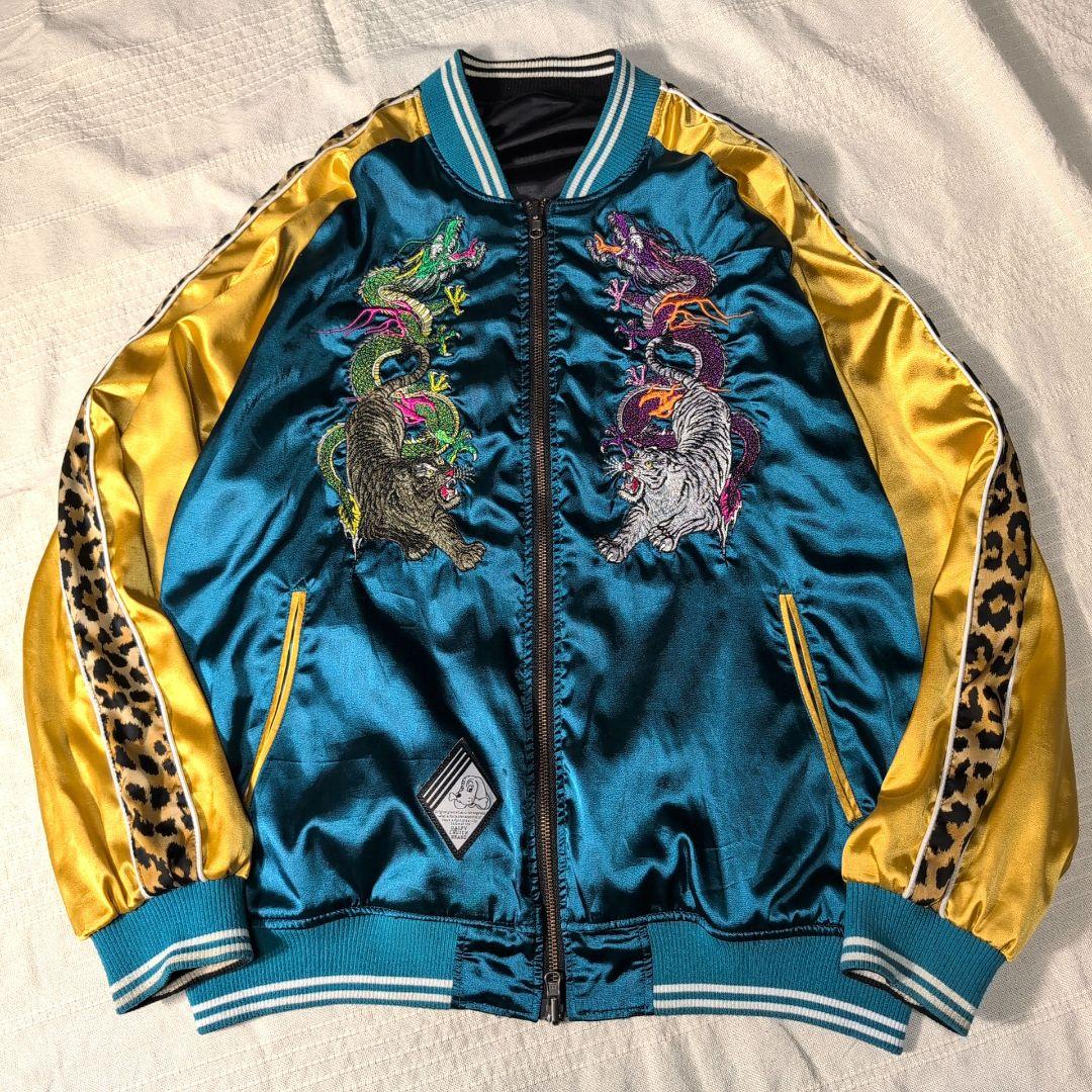 GALFY スカジャン リバーシブル 黒 ターコイズ 刺繍 L