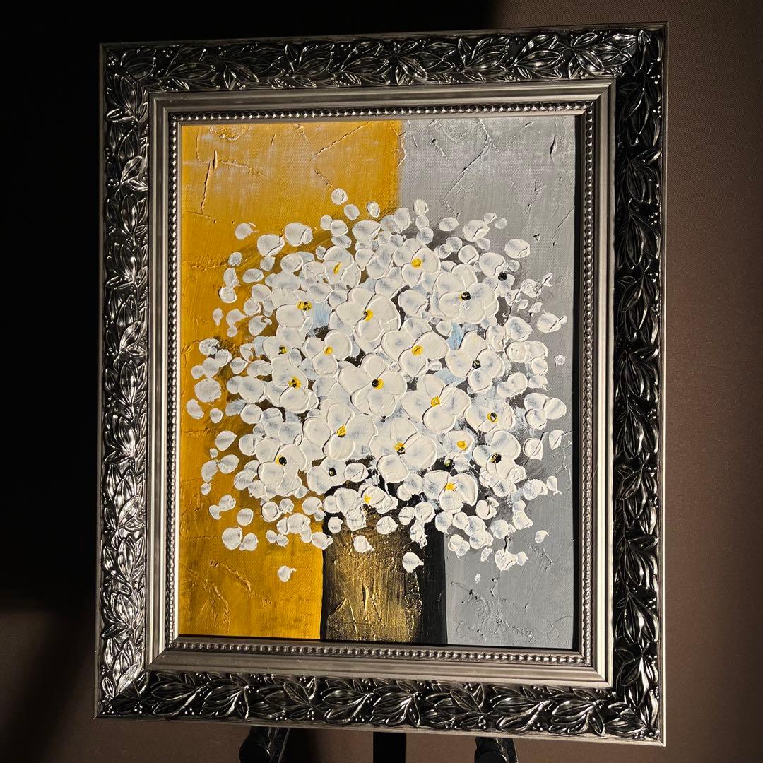 手書き油絵 花瓶の花 額付き 絵画 インテリア 油彩画