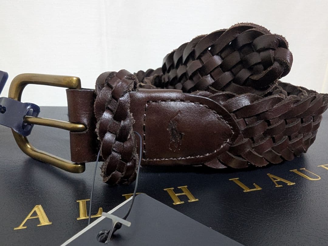 【新品】ポロラルフローレン★レザーメッシュベルト★茶★34