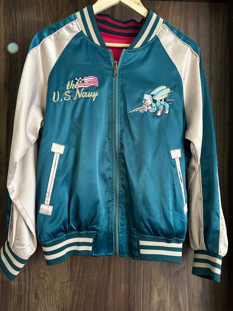 the U.S.NAVY シービーズ スカジャン リバーシブル 刺繍 M 青 赤