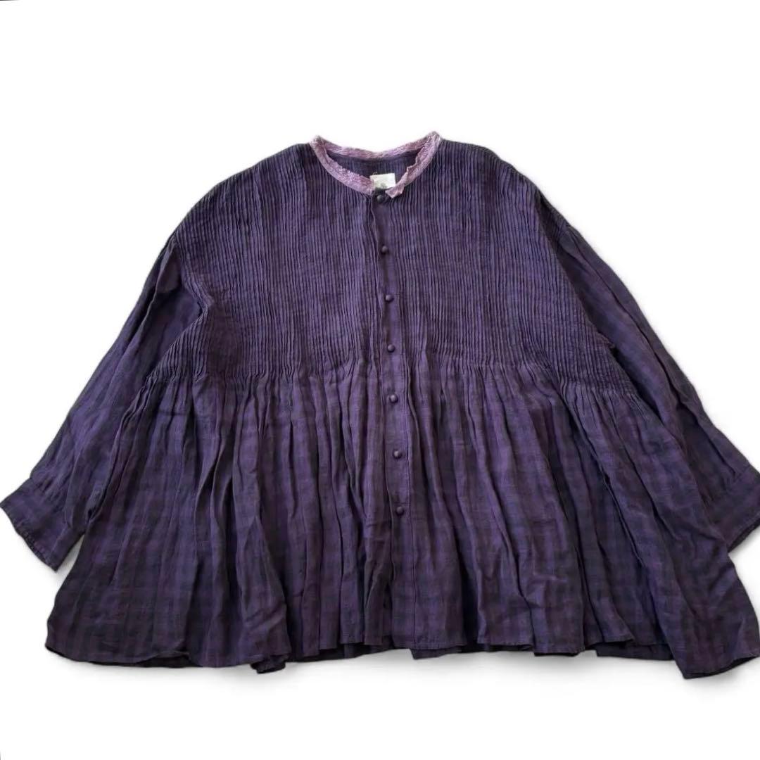 maison de soil リネン100% ピンタック チェックブラウス