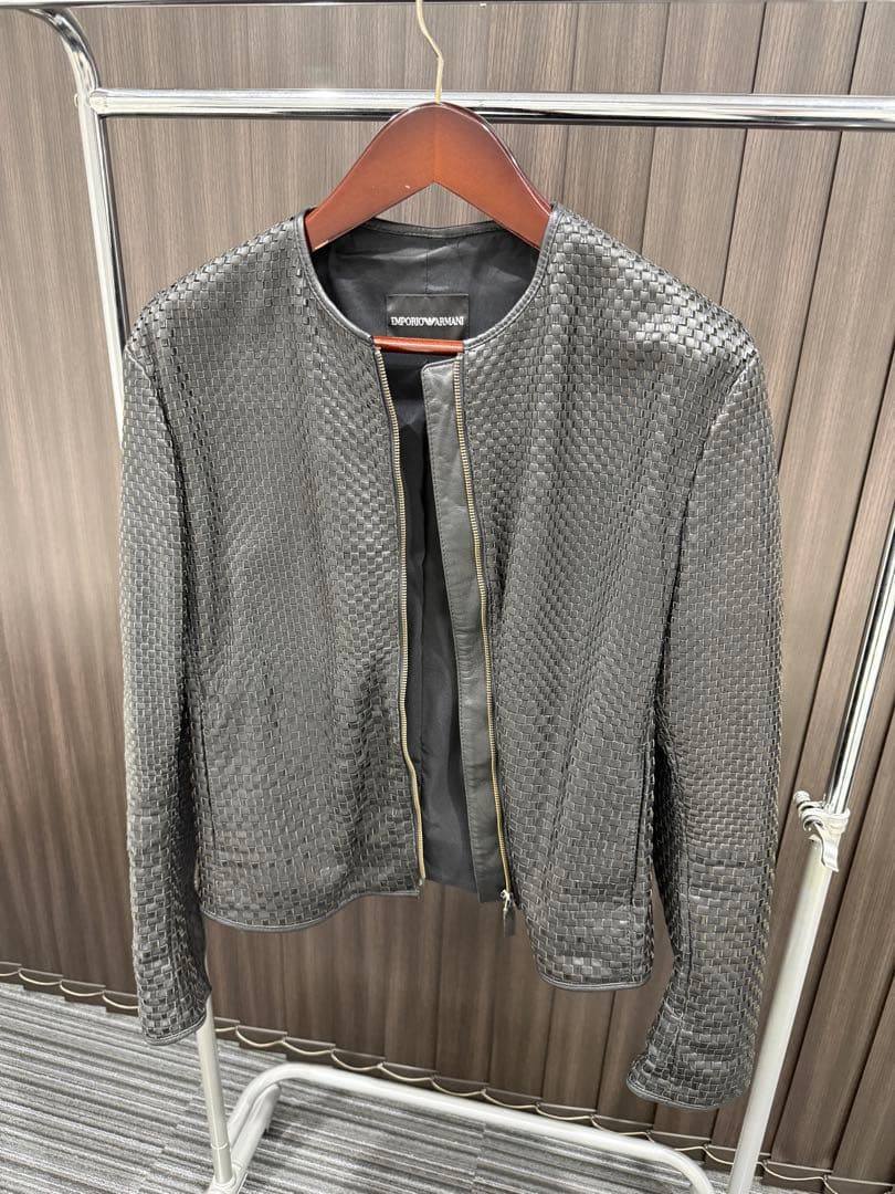 グレー 編み込みデザイン ノーカラージャケット