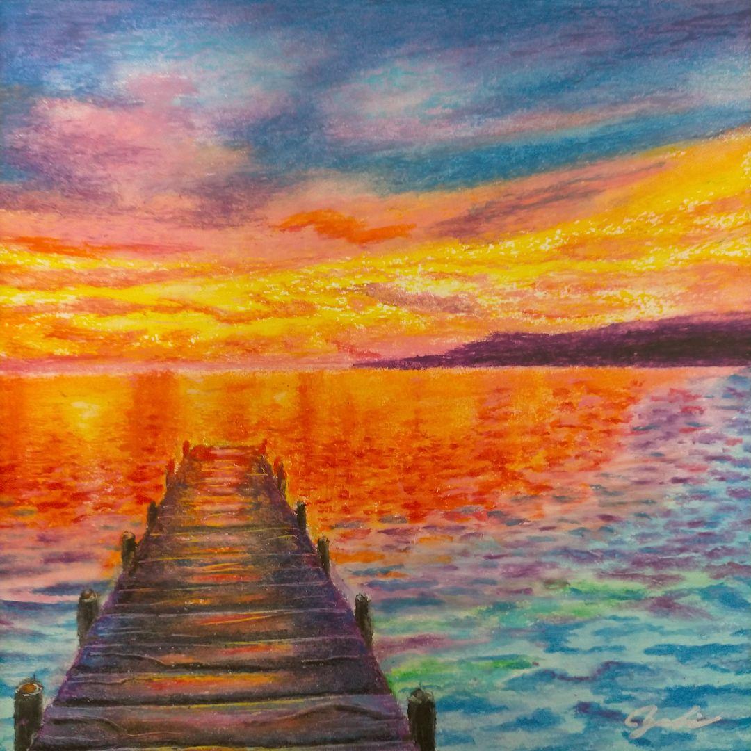 夕焼けの海の風景 クレヨン画 A4サイズ 原画 - メルカリ