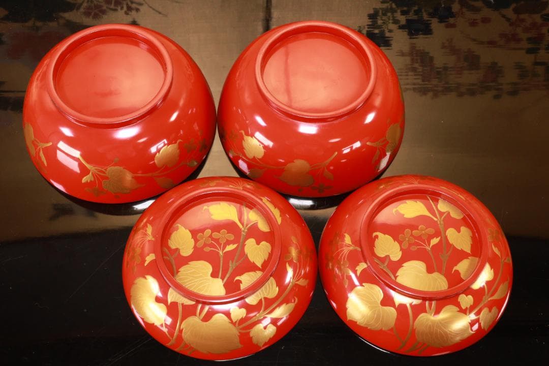 BK129 時代輪島塗 草花図金蒔絵 吸物椀 二客 木製 茶道具 懐石 菓子