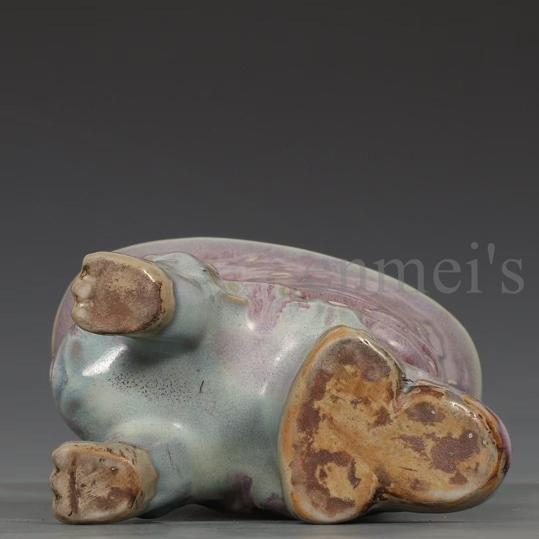 中国古美術・宋鈞窯款・玫瑰紫釉獅子爵杯・酒具・木箱付・文房具