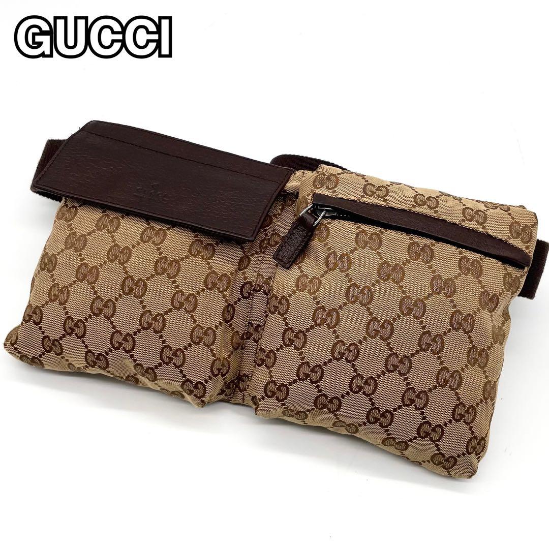 極美品✨グッチ ボディバッグ GG キャンバス レザー ウエストバッグ ブラウン