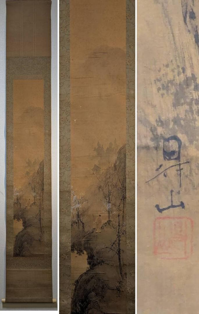 【真作】掛軸　梅花咲く渓谷に人物図　文人画風　白梅咲く幽谷の一幅　S192 野崎真一 紅白梅花図 大幅 | 古美術瀬戸