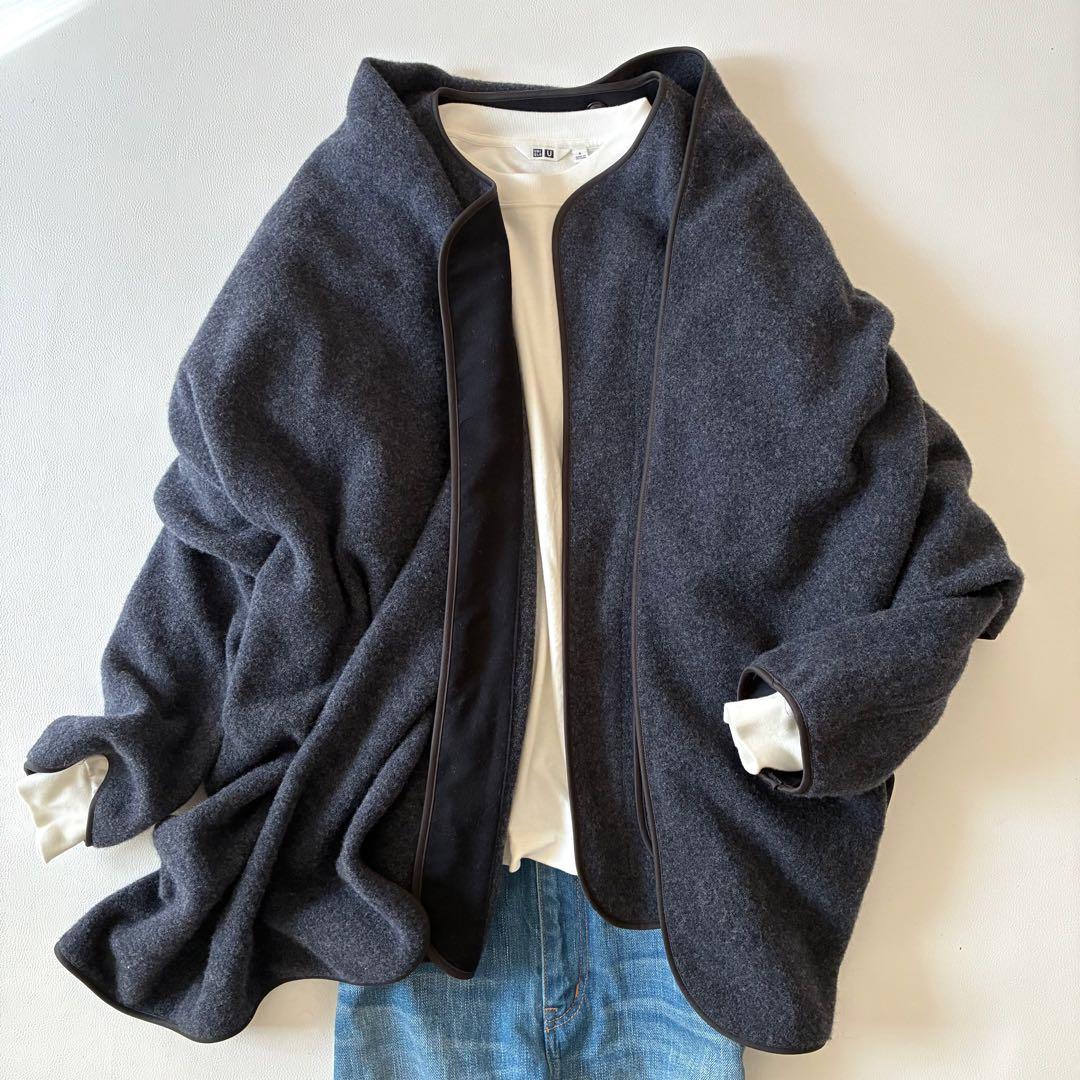 【美品】アンフィル　3wayウールジャケット　ネイビー　ノーカラー　ストール