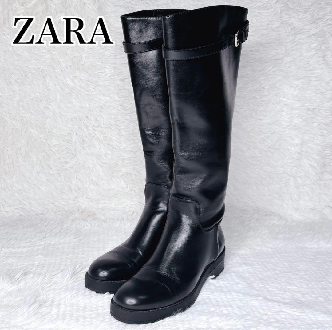 美品】ZARA 黒レザー ロングブーツ ベルト バックル 36 ブラック