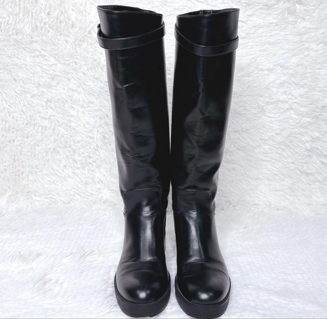 美品】ZARA 黒レザー ロングブーツ ベルト バックル 36 ブラック