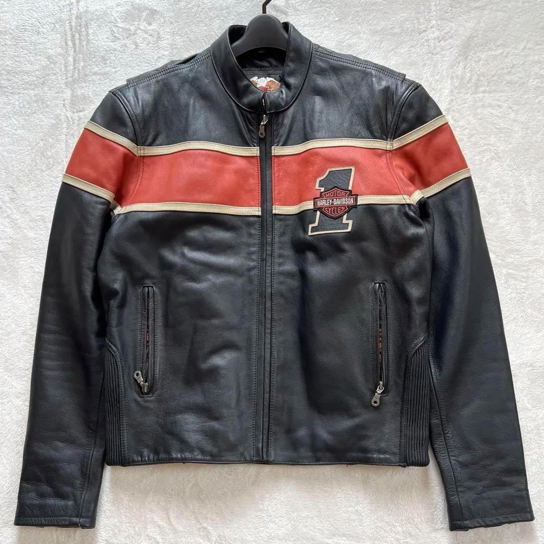 【美品 希少デザイン】ハーレーダビッドソン シングルライダース 本革 黒 L相当 Harley Davidson - 【稀少モデル！立体型押エンブレム】ハーレー