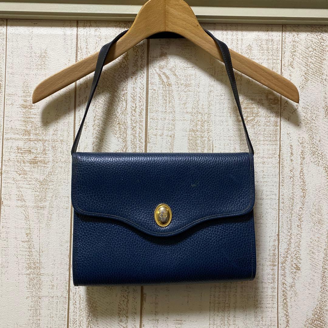 Christian Dior レザーバッグ ネイビー CDロゴ 極 美品 Christian Dior クリスチャンディオール CD ロゴ 金具 レザー