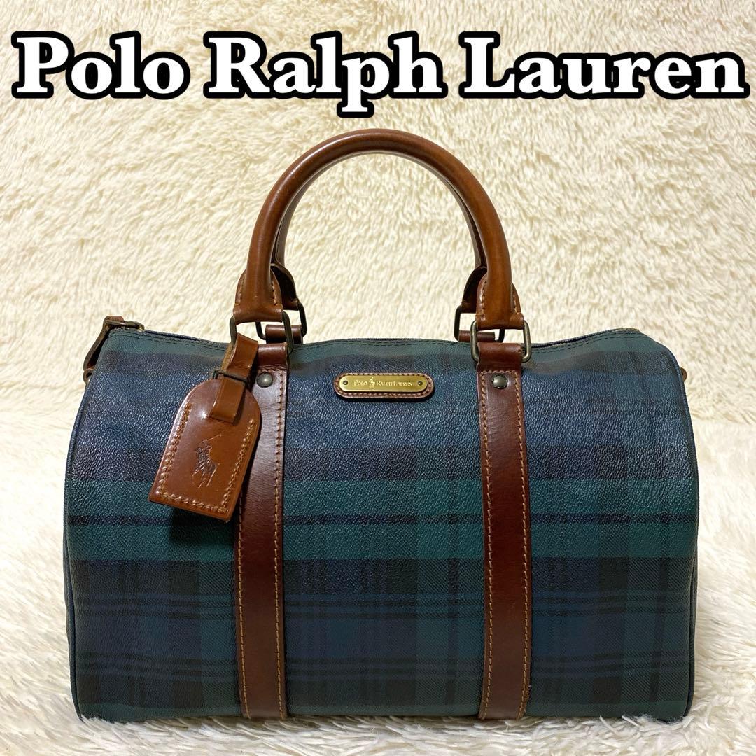 【美品】ポロラルローレン ミニボストン バッグ　PVCレザー ブラックウォッチ
