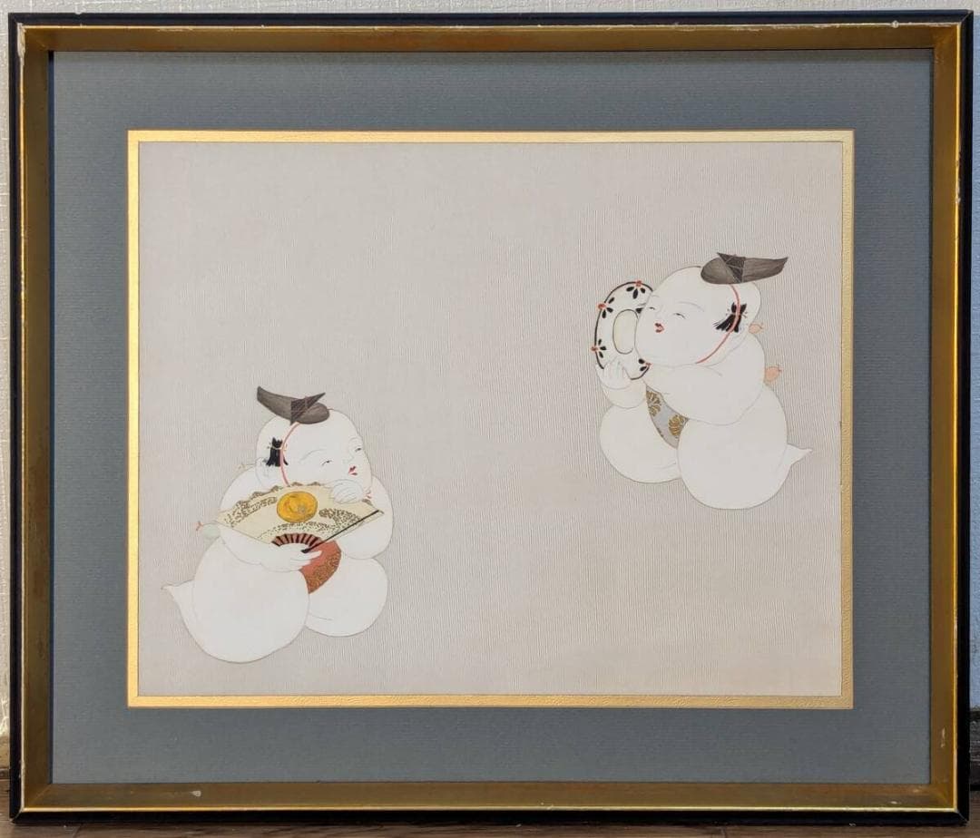 【真作】絵画　日本画　舞う童子図　可憐な童の舞扇と鼓　福を招く童子二人　X198